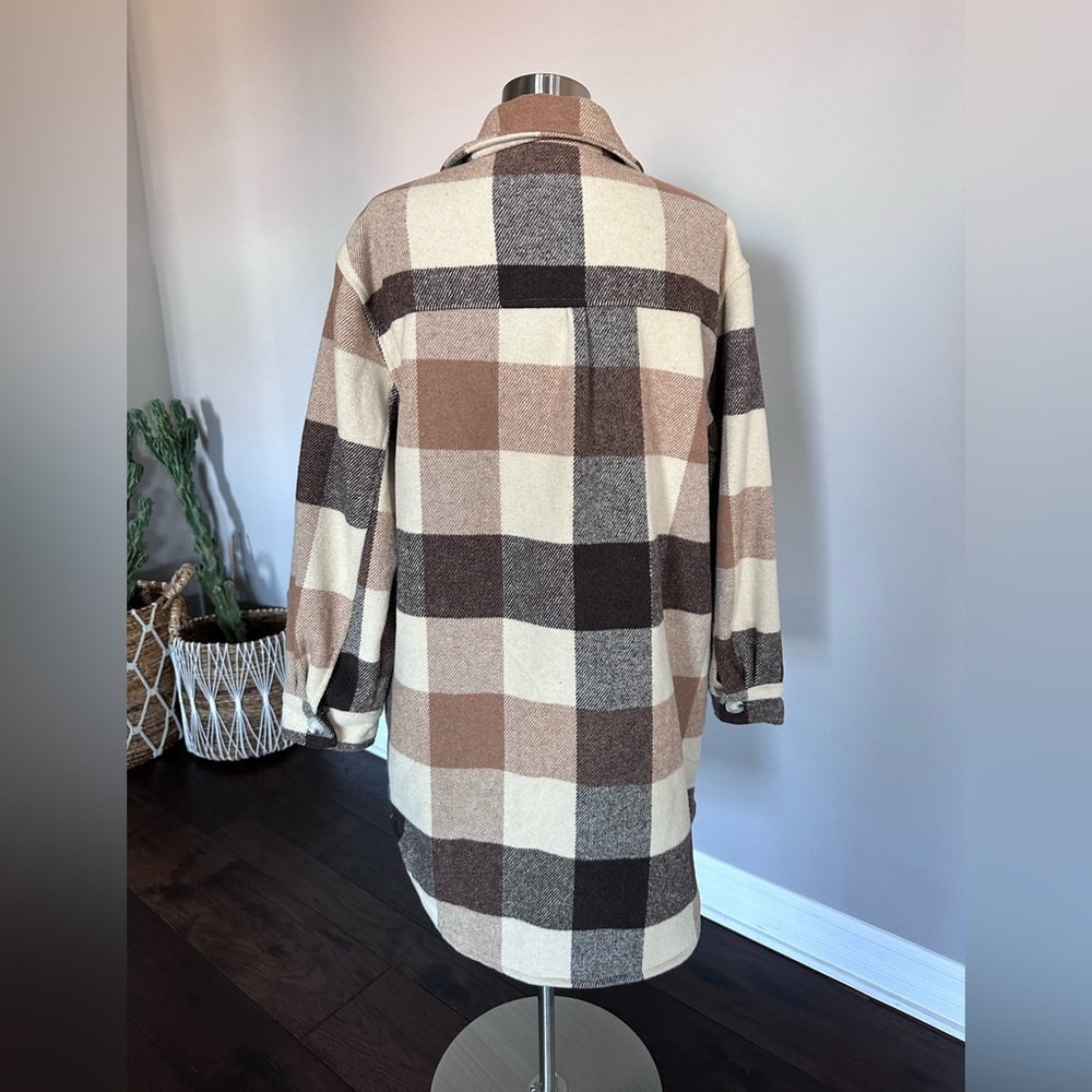 Boutique Shaket Long Patch Pocket Shirt-Jacket Ivory Brown Check Plaid LG NWOTs - Picture 5 of 10